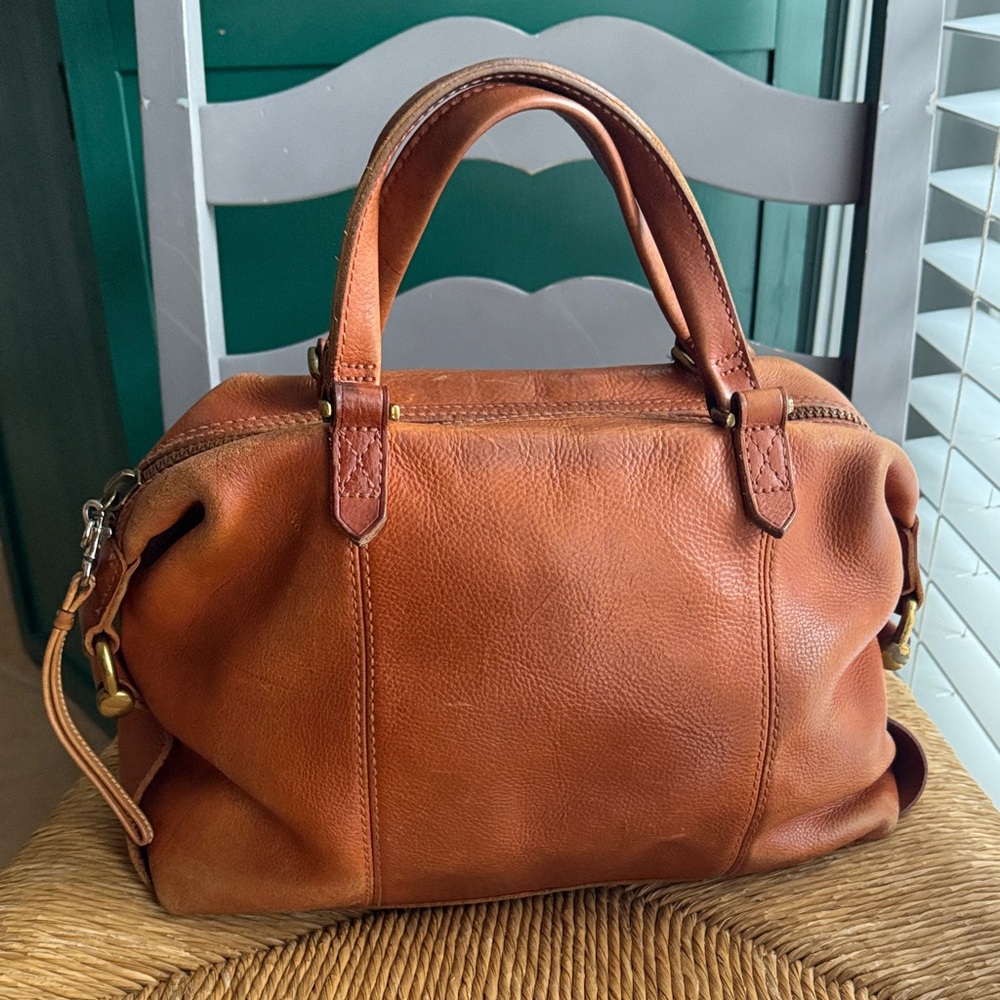 Madewell Glasgow Leather Satchel cognac brass hardware